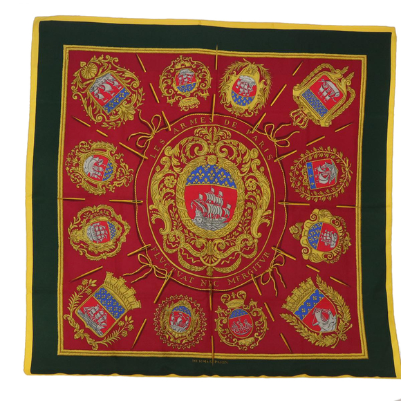 HERMES Carre 90 LES ARMES DE PARIS FLVCTVAT Scarf Silk Red Green Auth bs7738 - Picture 1 of 16